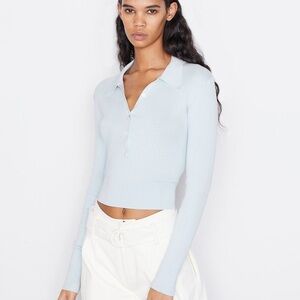 Frame pale sky blue silk cotton rib cropped Shrunken Polo Sweater - XS NWOT